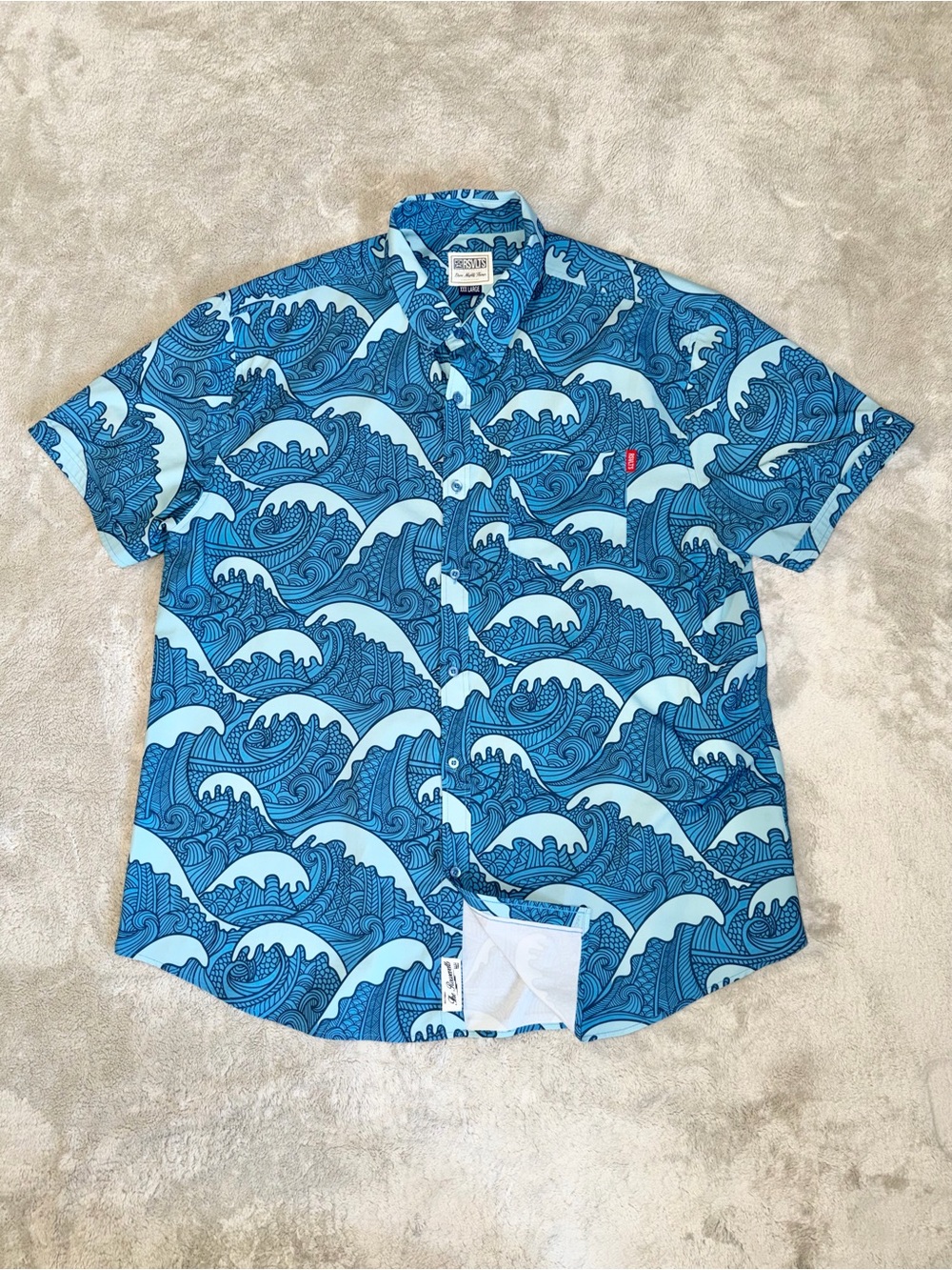RSVLTS Shirt Mens 3XL Blue Samoa Waves Short Sleeve Button Up Kunuflex Hawaiian